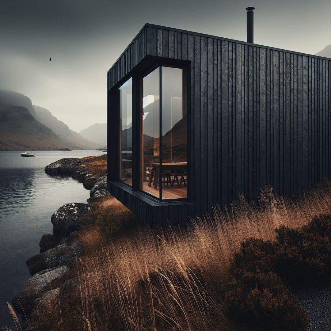 black timber house overlooking loch